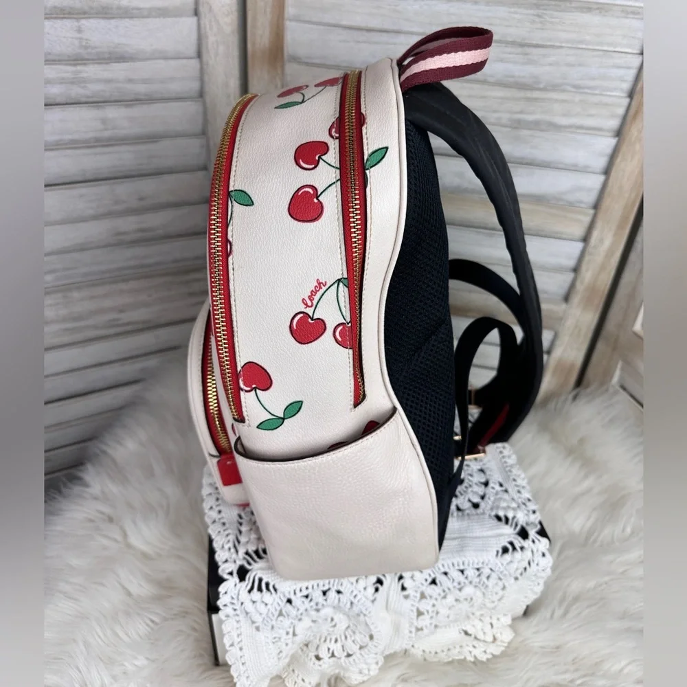 White Leather Coach Court Backpack Heart Cherry Print Limited Edition - Picture 7 of 13